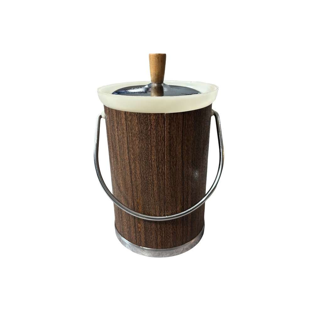 Kromex Vintage Mid Century Modern Faux Wood Chrome Ice Bucket Brown MCM